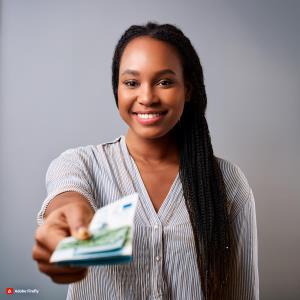 House tenant paying fees with a smile on her face; Strathium