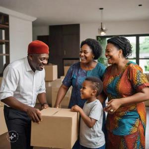 a photo of a nigerian family moving in ; Strathium