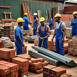 male african workers using building materials; Strathium