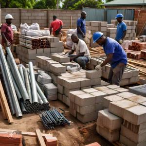 male african workers using building materials; Strathium