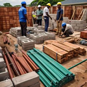 male african workers using building materials; Strathium